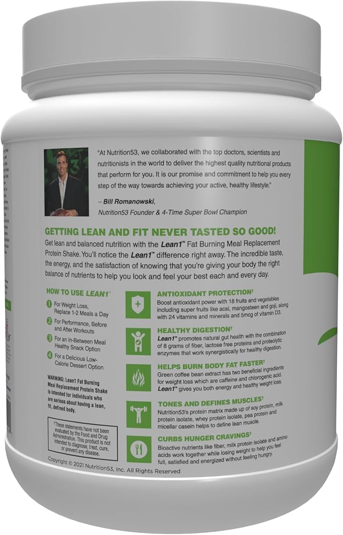 Nutrition 53 Lean 1 Meal Replacement Powder for Weight Loss, Fat Burner, Appetite Control Regular Tub 2500cc Strawberry (15 Servings)