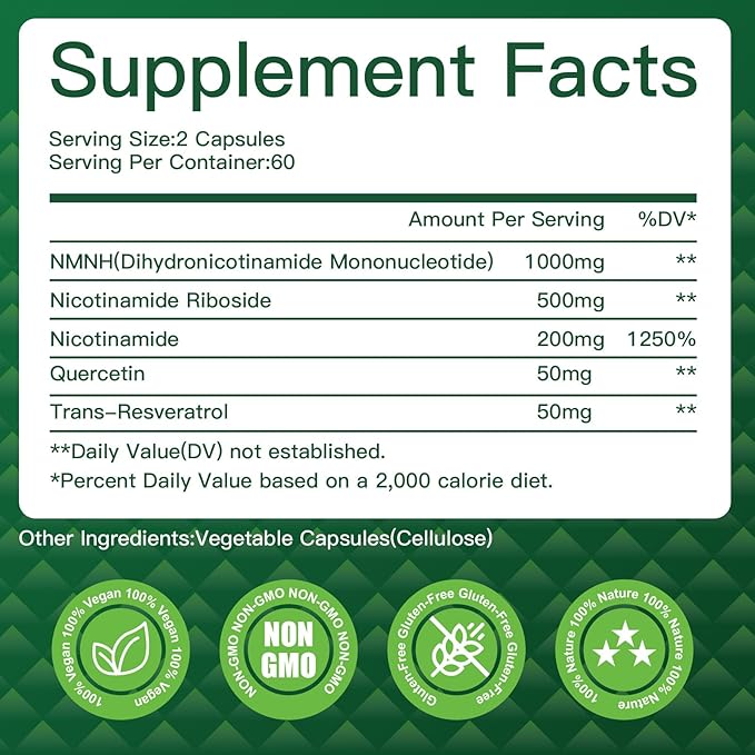 NMNH(Dihydronicotinamide Mononucleotide),NMNH Supplement 1000mg Pure Nicotinamide Mononucleotide,NAD High Purity Supplement Alternative,for Energy,Focus,Non-GMO, Gluten Free,120 Capsules