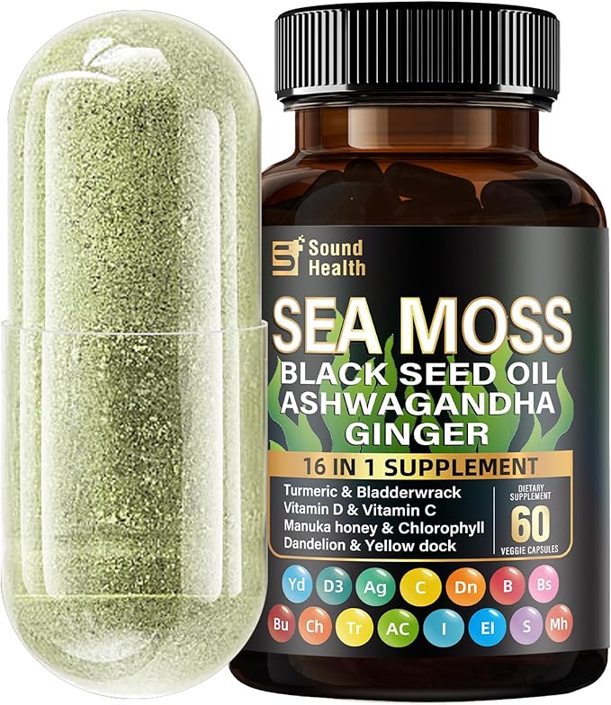 Sea Moss Capsules, Featuring 8000mg Sea Moss, 4000mg Black Seed, Teaming up with 2000mg Ashwagandha, Turmeric, Burdock, and Augmented with Vitamin C and Vitamin D3(30 Days)
