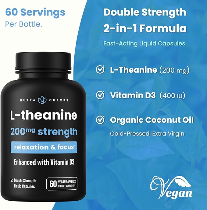 NutraChamps L-Theanine 200mg Capsules | Double-Strength L-Theanine Liquid with Vitamin D3, Organic Coconut Oil | Supports Mood, Focus, Stress Relief | L-Theanine for Kids & Adults | 60 Vegan Capsules