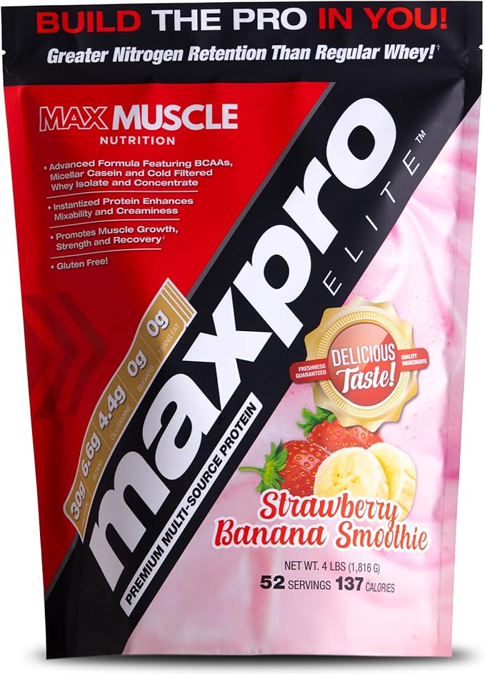 Max Muscle Maxpro Elite Whey Protein Powder | 30g Protein | 0g Sugar | 6.6g BCAAs | Micellar Casein Cold Filtered Whey Isolate Protein | Promotes Muscle Growth & Recovery (Strawberry Banana, 4lb)