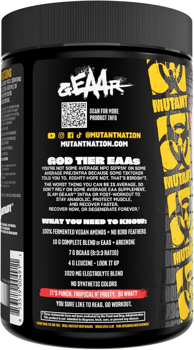 Mutant GEAAR - 9.4g of EAA Powder + Arginine, 7g BCAAs, 4g Leucine, Electrolytes, Coconut Water, 30 Servings - Fruit Punch