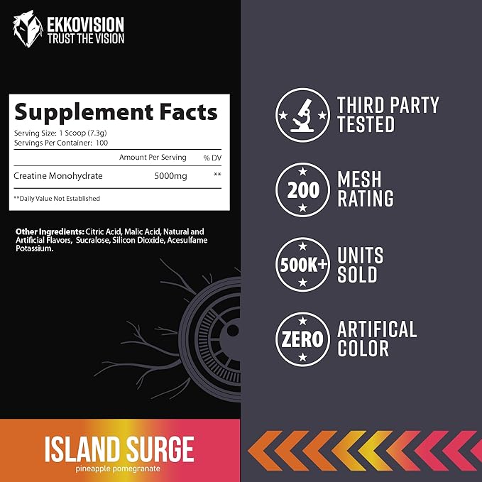 Creatine Monohydrate Powder, Micronized, Island Surge, Pre Workout & Post Workout Supplement for Men & Women, Energy Support, Easy to Mix in Shakes, Smoothies & Beverages, 100 Servings