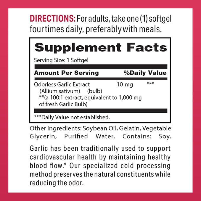 Vitamin World Odorless Garlic Softgels 1,000mg.Garlic Extract 100 rapid release softgels