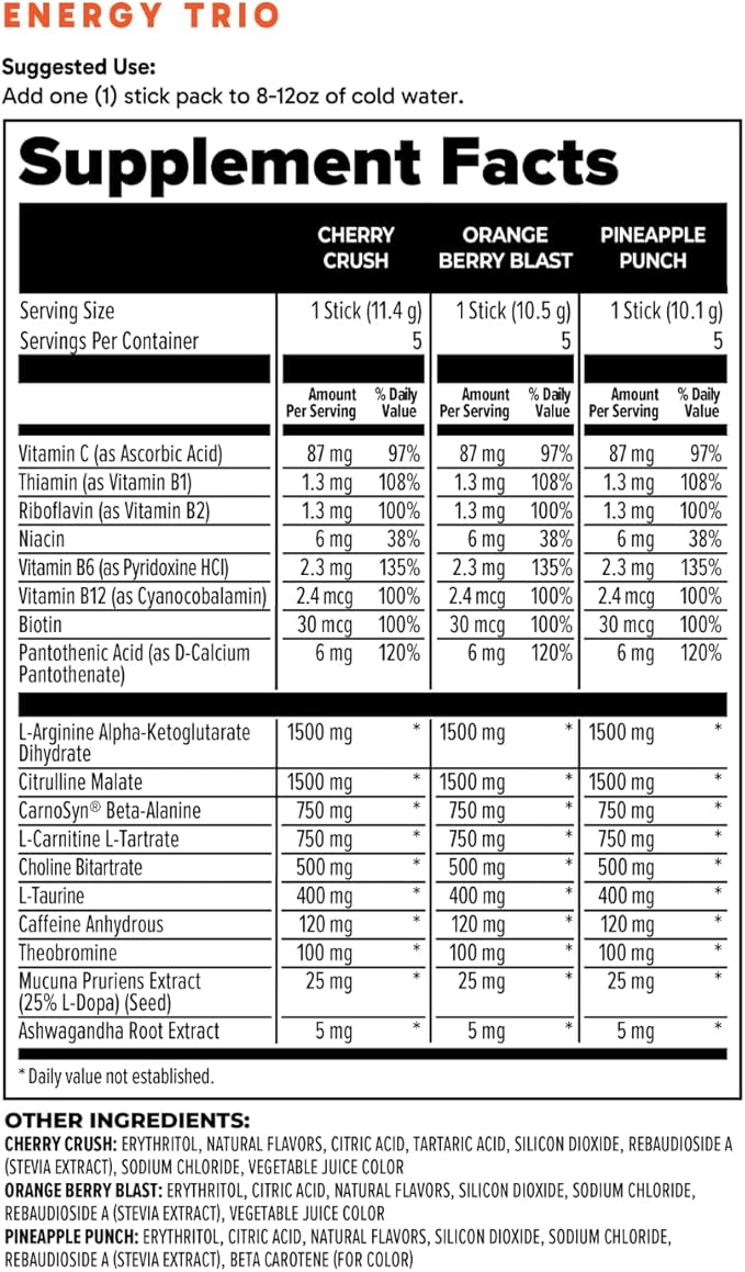 Energy Drink Mix Variety Pack - Natural Energy & Focus Supplement with Carnosyn®, Ashwagandha, L-Arginine, Theobromine - Zero Sugar, 5 Calories, 120mg Caffeine