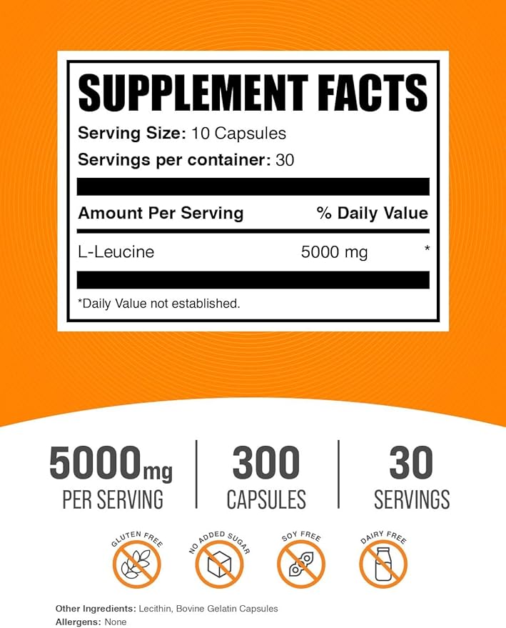 BulkSupplements.com L-Leucine Capsules - Leucine Supplements, Amino Acid Supplement - Gluten Free, 10 Capsules per Serving (5000mg), 300 Count (Pack of 1)