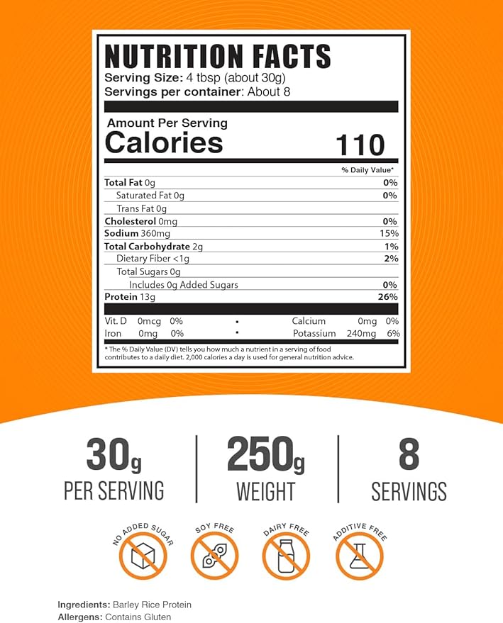 BulkSupplements.com Barley Rice Protein Powder - Vegan Protein Powder - Unflavored & Dairy Free, 30g per Serving, 250g (8.8 oz) (Pack of 1)