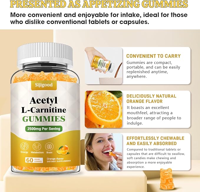 2 Pack Acetyl L-Carnitine Supplement, Natural Nutrition Supplement for Boost Energy, Immunity, Vegan, Orange Flavor, 120 Count