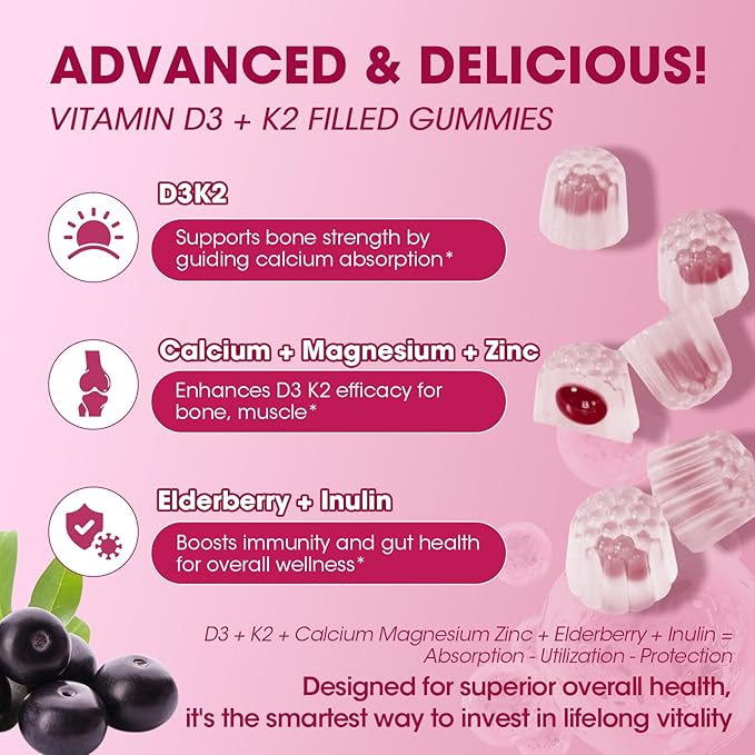 Vitamin D3 10000 IU + K2 (MK7) 200mcg w/Calcium Magnesium Zinc Elderberry & Inulin-Highly Bioavailable-Enhanced Absorption for Immune & Bone Support- K2 D3 Vitamin Supplement-Vegan Gummies