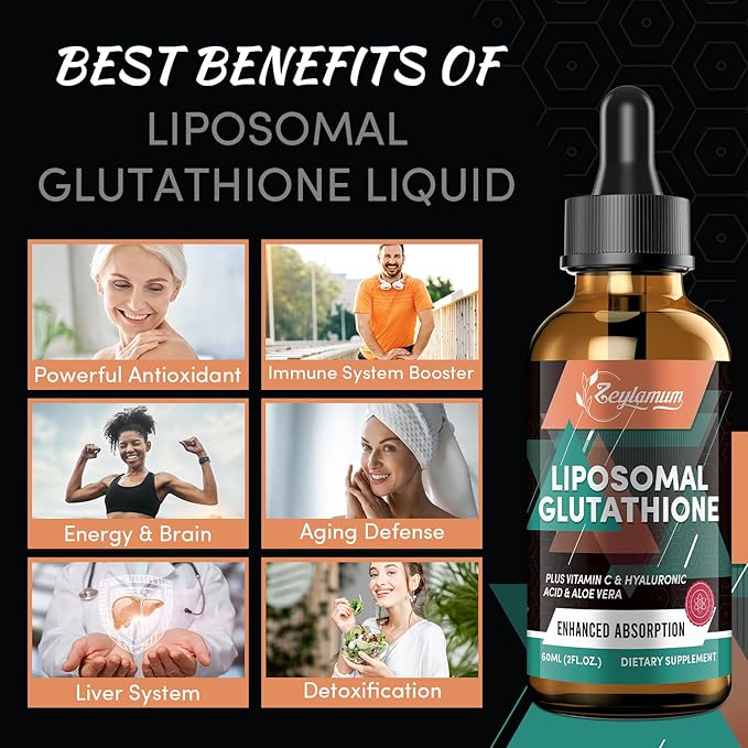 2000MG Liposomal Glutathione Liquid Drops, Enhanced Absorption, Glutathione Supplement, with Vitamin C, Hyaluronic Acid & L-Glutathione, Antioxidant Supplement - Liver Detox, Radiant Skin, 2.02 OZ