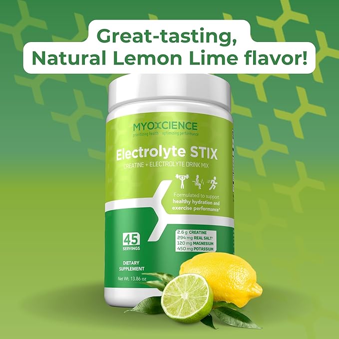 MYOXCIENCE Electrolyte STIX | Creatine Electrolyte Powder | Recovery from Exercise & Muscle Development w/Real Salt (Lemon Lime Flavor) (Jar 45 ct)