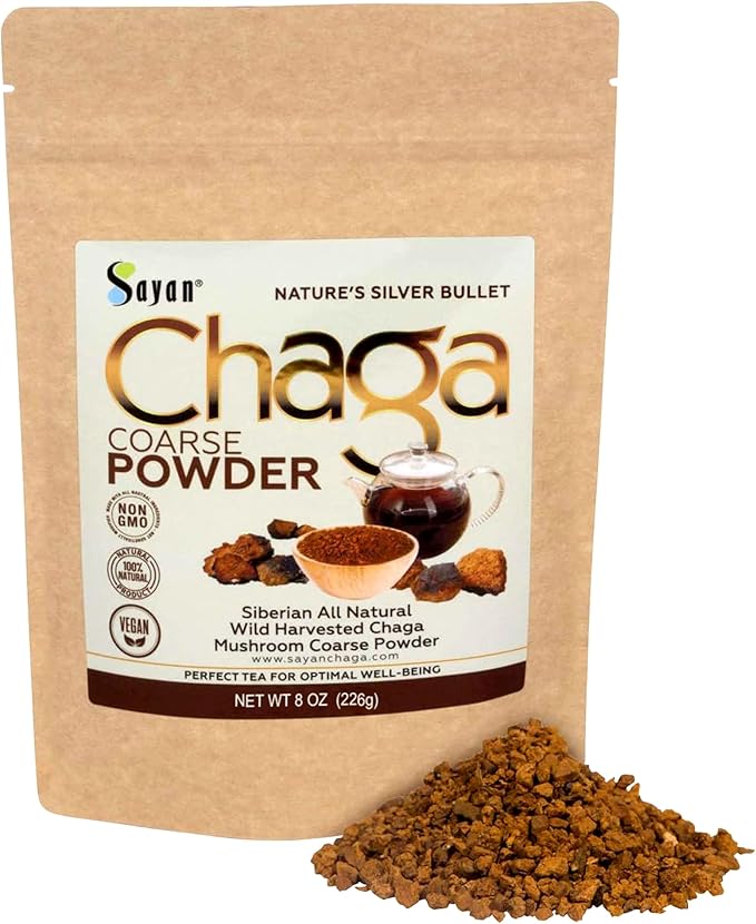 Sayan Siberian Pure Raw Coarse Chaga Powder 8 Oz / 226g – Premium Wild Forest Harvested Super Antioxidant Tea – Supports Immune System and Digestive Health – Focus, Energy, Clarity, Wellness - Non-GMO
