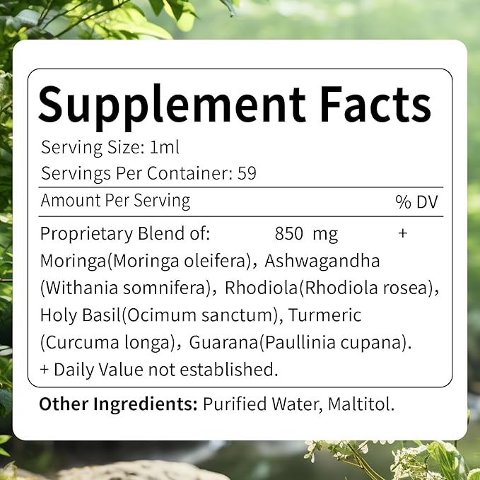 Moringa Liquid Drops for Energy Booster, Moringa Leaf Supplement Support Immune Booster, Herbal Blend w/Ashwagandha & Rhodiola Herbal Extract. 2oz