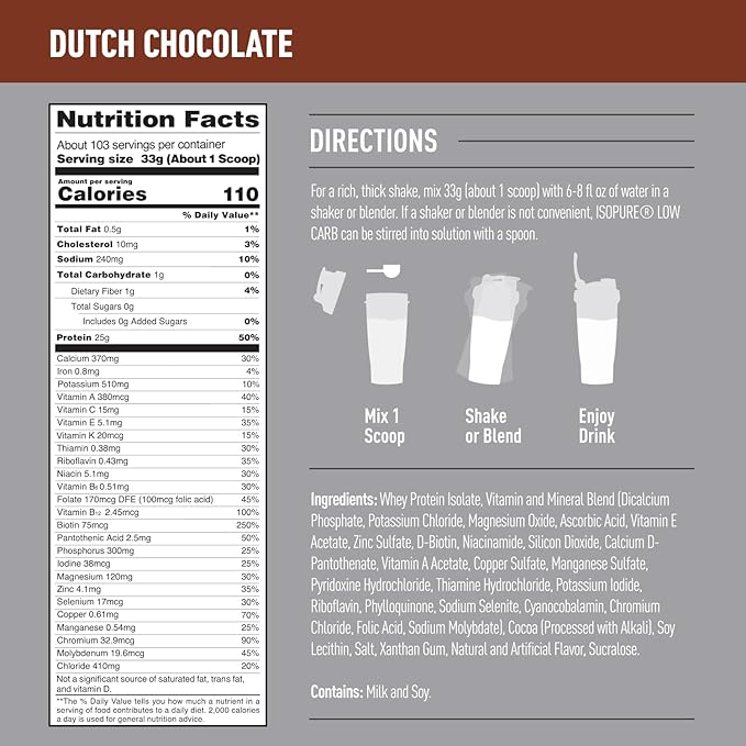 Isopure Low Carb 100% Pure Whey Isolate Protein Powder, Lactose Free, Gluten Free, With Vitamins, Dutch Chocolate, 25g Protein Per Serving, 7.5 Lbs, 103 Servings