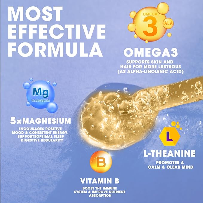 Magnesium Glycinate Liquid, Magnesium Complex Supplement with Omega3, L-Theanine and Vitamin for Calm, Sleep Support, Muscle Relief, Non GMO, Blueberry Flavor, 2 Fl Oz