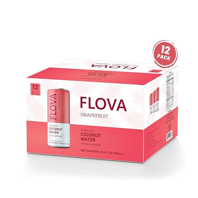 Flova Grapefruit Energy Drink, All Natural, Electrolytes and Minerals from Coconut Water, 4 Simple Easy to Pronounce Ingredients, 99% Juice, Pack of 12 Cans