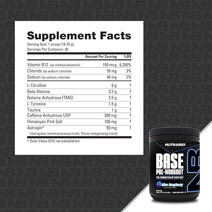 NutraBio Base Pre-Workout Powder 200mg Caffiene, Sustained Energy, Focus, Endurance, Pump, Sugar Free, Clean Preworkout for Men and Women - Beta Alanine, L-Tyrosine, 30 Servings - Blue Raspberry