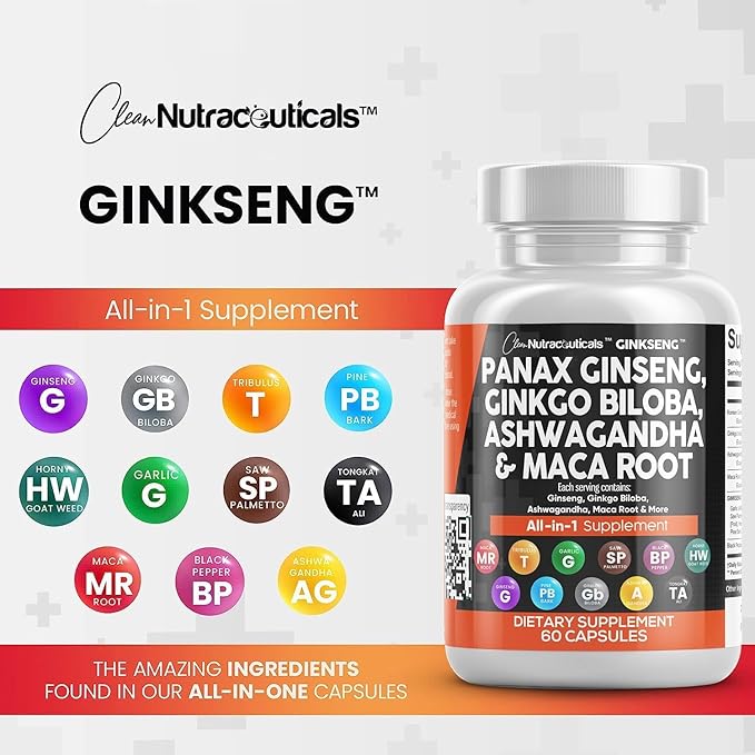 Clean Nutraceuticals Panax Ginseng 10000mg Ginkgo Biloba 4000mg Ashwagandha Maca Root 3000mg - Focus Supplement Pills for Women and Men with Pine Bark Extract, Garlic, and Saw Palmetto - 2Pack
