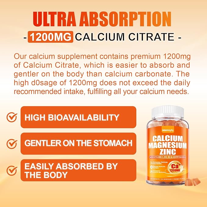 Calcium 1200 mg with Vitamin D3 Gummies for Adults - Calcium Citrate with Vitamin D3 K2, Magnesium, Zinc, Boron, Copper and Ashwagandha - Extra Absorption Calcium Supplement for Women Men
