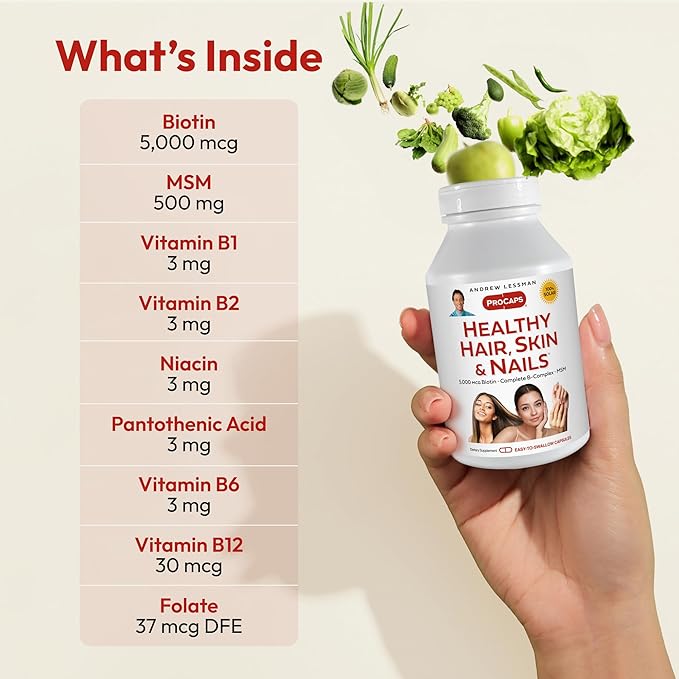 ANDREW LESSMAN Healthy Hair, Skin and Nails 240 Capsules - 5000 mcg High Bioactivity Biotin, B-Complex. Promotes Beautiful Skin, Strong Nails. No Additives Hair Growth Vitamins Biotin Supplement