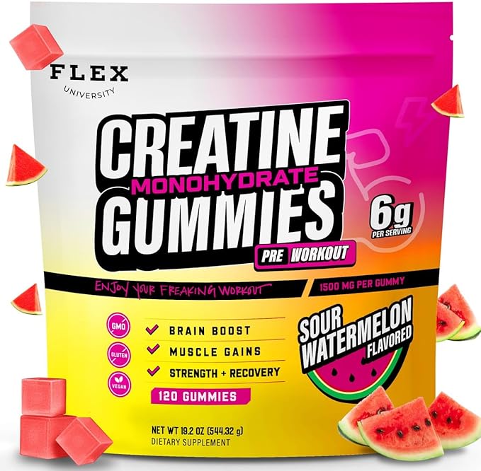 (6g) Creatine Monohydrate Gummies Men Women for Pre Workout Energy Muscle Growth Gym Gains Recovery, Preworkout Protein Chews Creatina Gomitas, Body Builder Focus Supplement Vitamin (Vegan | 120 Ct)