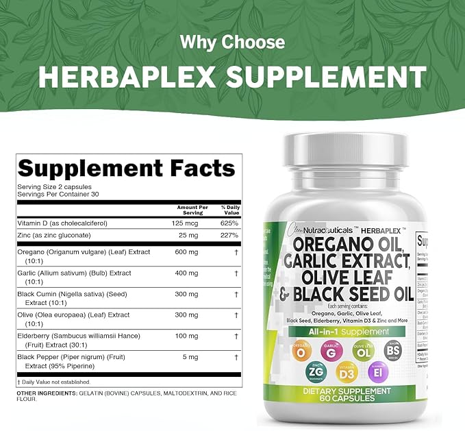 Clean Nutra Oregano Oil with Black Seed Oil Garlic Olive Leaf Extract - Oil of Oregano Capsules Immune Support Carvacrol & Thymoquinone Supplement for Women and Men + Elderberry Vitamin D3 & Zinc
