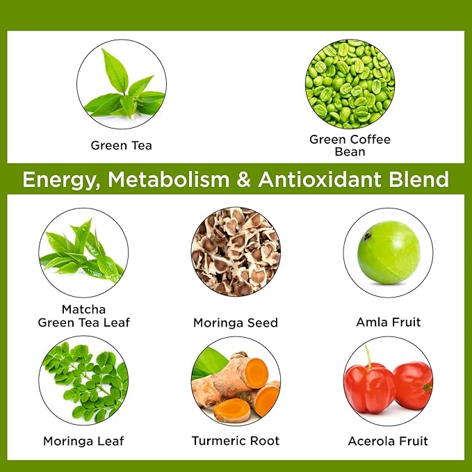 Organic Veda Green Tea Extract ECGC Capsules - Antioxidants Rich Matcha, Green Coffee Bean, Turmeric, Moringa, Vitamin C - Energy, Metabolism, Brain, Immune & Heart Health Supplement - 60 Pills