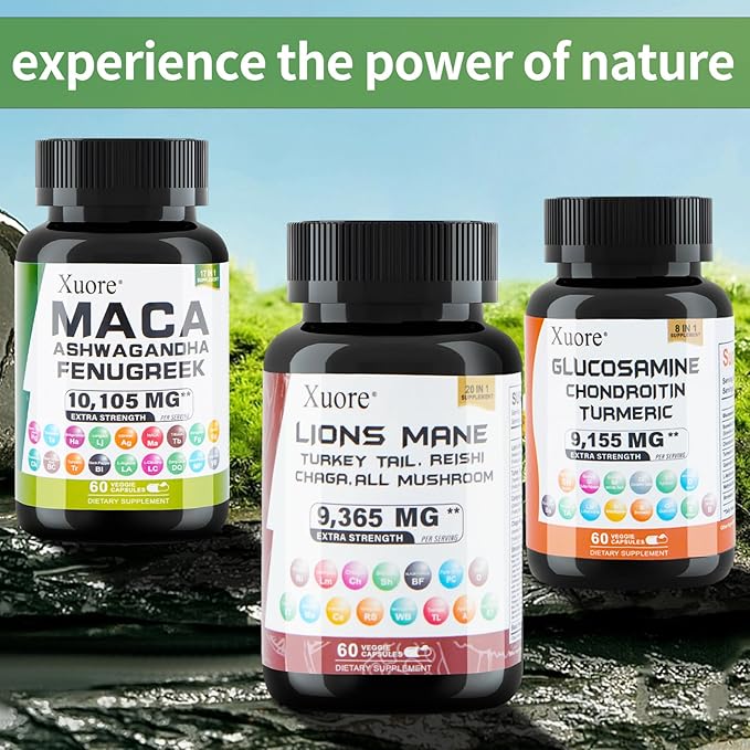 Bundle of Glucosamine,Maca,Lions Mane, Black Seed Oil, Ashwagandha, Ginger & Rhodiola Rosea, Panax Ginseng, Turkey Tail, Reishi, Cordyceps, Chaga All in 1 Supplements (1 Pack)