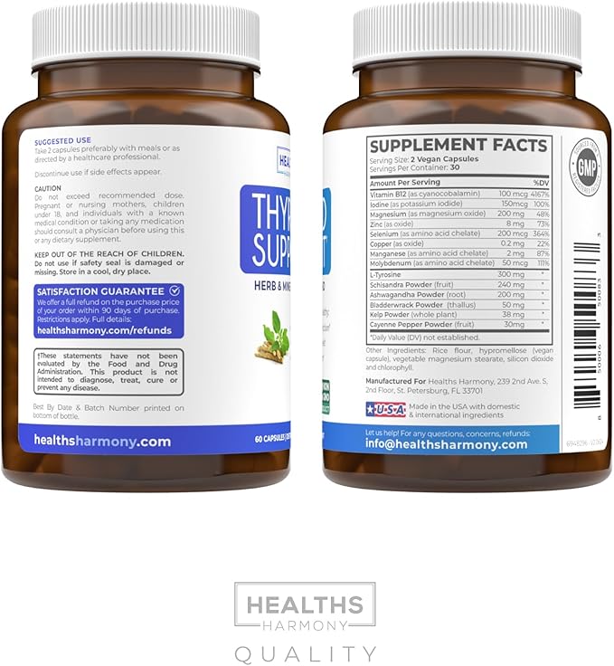Thyroid Support with Iodine (Non-GMO) Improve Your Energy & Mood - Metabolism Booster Thyroid Health Supplement for Women and for Men - Ashwagandha, Zinc, B12 Complex - 60 Capsules
