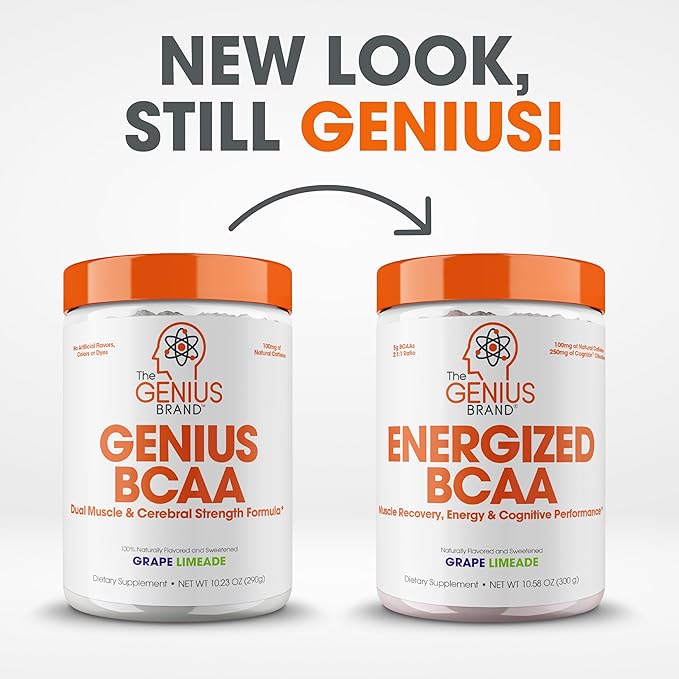 Genius BCAA Powder - 5g Vegan BCAAs L-Glutamine, Cognizin & Rhodiola Muscle Recovery Energy Support 100mg Caffeine Pre, Intra, Post-Workout Nootropic Supplement for Focus & Performance - Grape Limeade