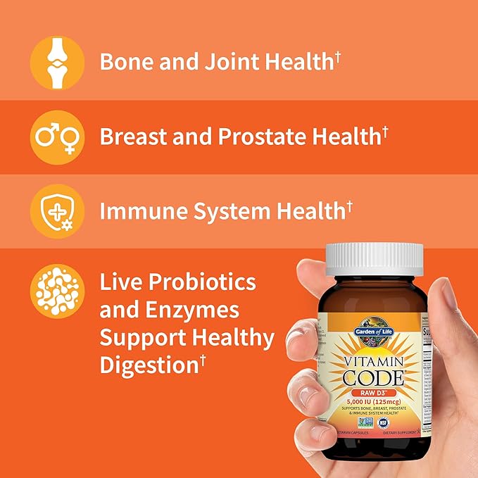 Garden of Life Vitamin D, Vitamin Code Raw D3, Vitamin D 5,000 IU, Raw Whole Food Supplements with Chlorella, Fruit, Veggies & Probiotics for Bone & Immune Health, 60 Vegetarian Capsules