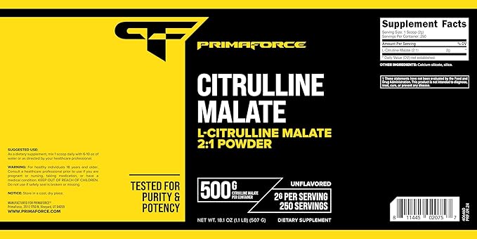 PrimaForce L-Citrulline Malate Powder, Unflavored Pre Workout Supplement, 500 Grams - Energy Support, Aids Recovery, Enhances Strength Performance – Vegan, Non-GMO