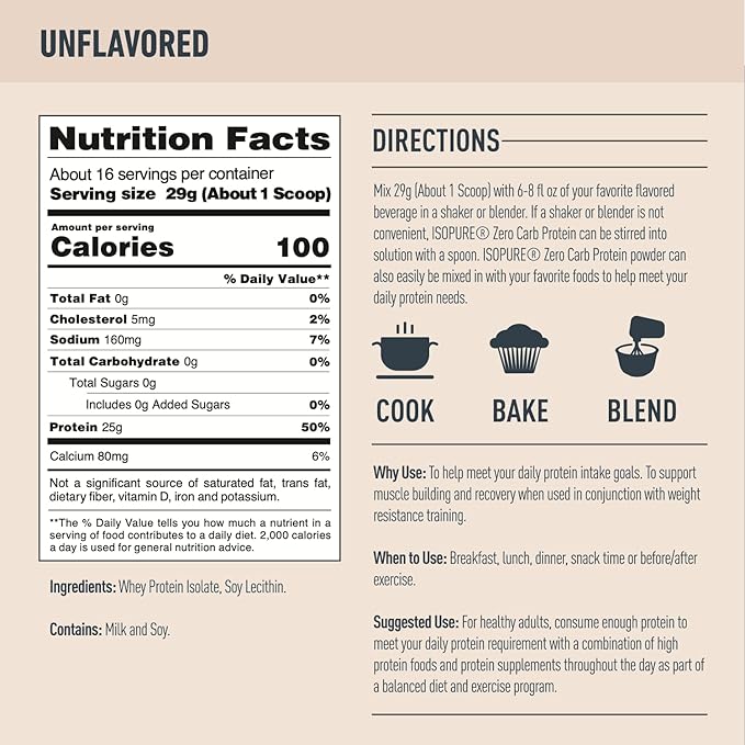 Isopure Zero Carb 100% Pure Whey Isolate Protein Powder, Lactose Free, Gluten Free, With Vitamins, Unflavored, 25g Protein Per Serving, 1 Lb, 16 Servings