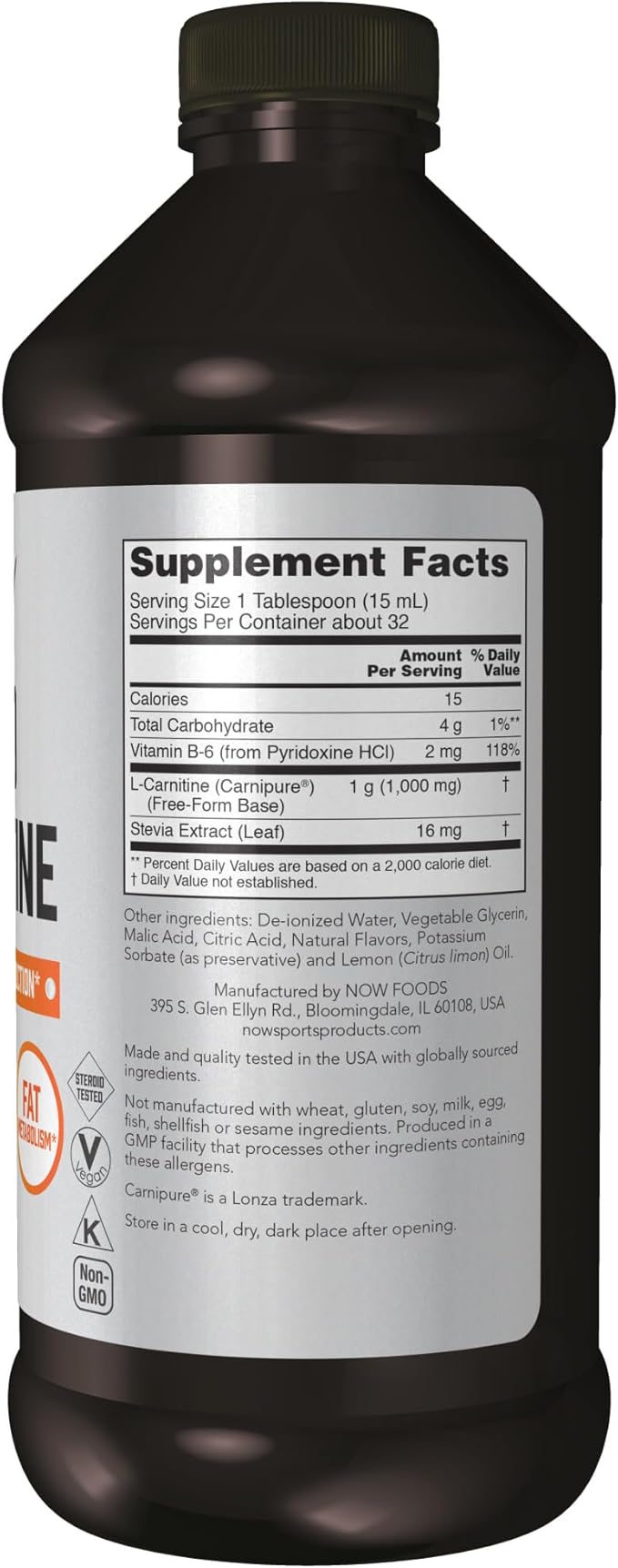 NOW Foods Sports Nutrition, L-Carnitine Liquid 1000 mg, Highly Absorbable, Citrus, 16-Ounce