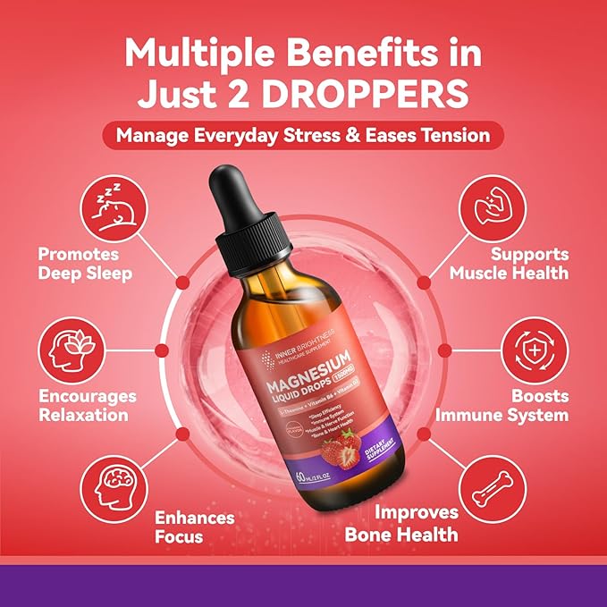 Magnesium Glycinate Liquid Drops 1500mg with Magnesium Citrate & Taurate, L-Theanine, Vitamin D3, B6 - Supports Calm, Sleep, Muscle Relaxation, Leg Cramps & Energy, Strawberry Flavor, 60mL 2 Pack