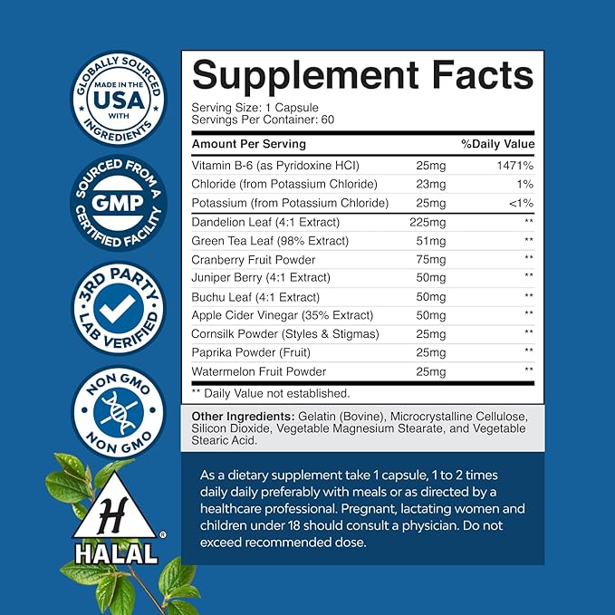 Water Away Herbal Diuretic Pills High Strength - Fluid Retention Supplement with Dandelion Leaf Extract & Green Tea for Bloating Relief for Women & Men - Capsules for Leg & Feet Swelling - 60 Count