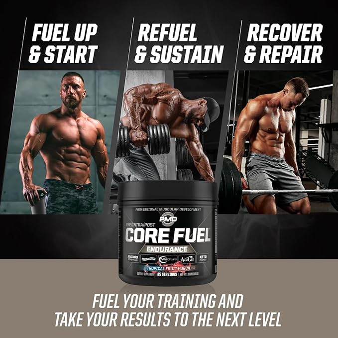 PMD Sports Core Fuel Endurance, Performance & Recovery - BCAAs, EAAs, Beta Alanine, Betaine Anhydrous, Glutamine, Electrolytes - Muscle Growth, Strength - Stim Free, Tropical Fruit Punch (25 Servings)