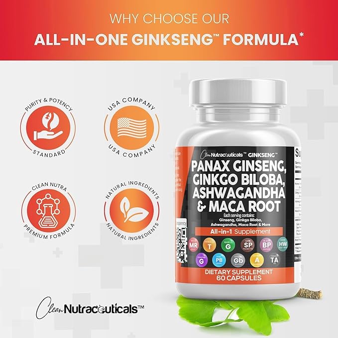 Clean Nutraceuticals Panax Ginseng 10000mg Ginkgo Biloba 4000mg Ashwagandha Maca Root 3000mg - Focus Supplement Pills for Women and Men with Pine Bark Extract, Garlic, and Saw Palmetto - 2Pack