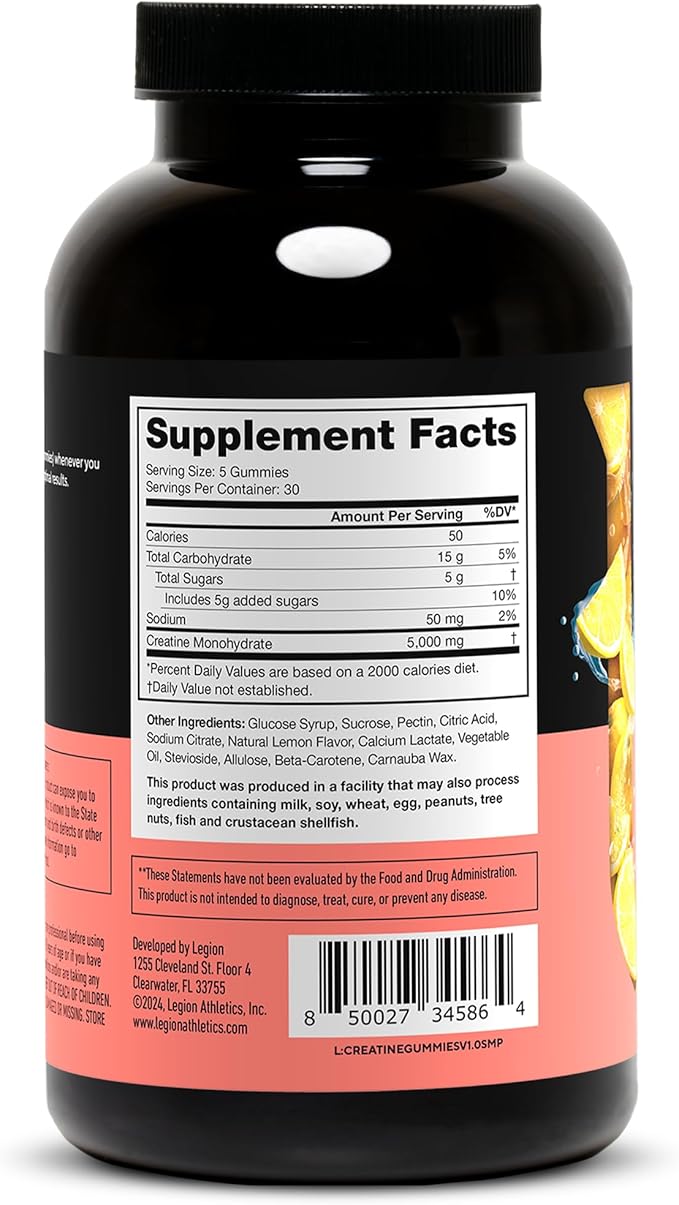 LEGION Creatine Monohydrate Gummies - Clean Creatine Gummies for Muscle Gain, Improving Endurance & Post Workout Recovery - Creatine Supplement for Maximum Absorption (150 Lemon Drop Gummies)