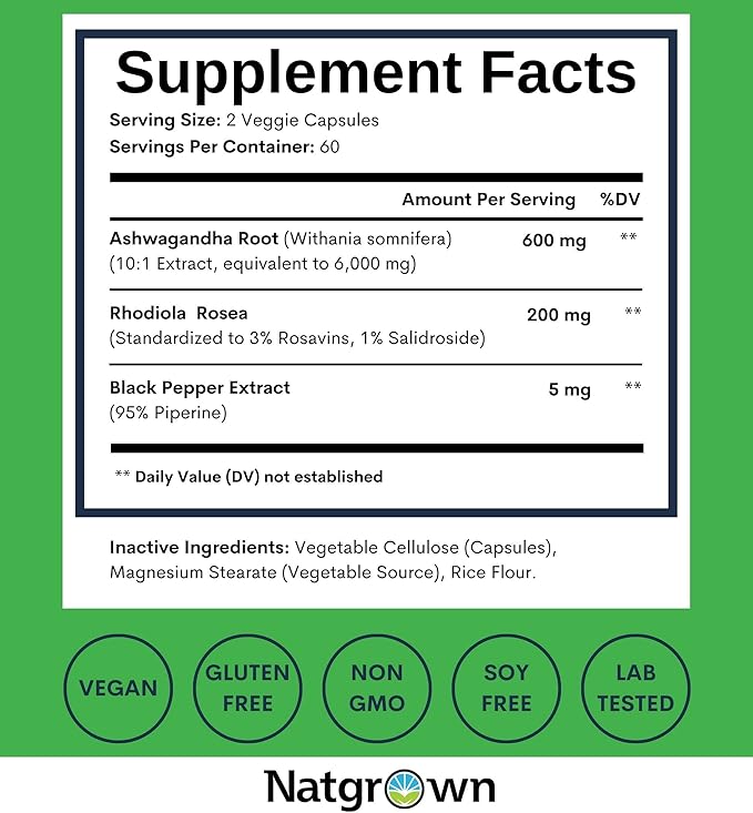 Natgrown Rhodiola Rosea with Ashwagandha Root Extract Capsules - Standardized to 3% Rosavins and 1% Salidroside - 120 Count