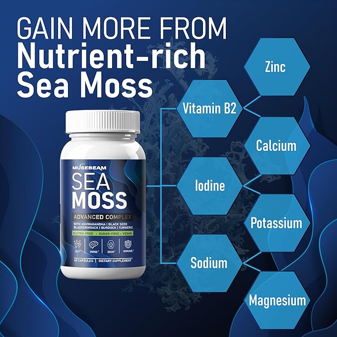 Irish Sea Moss 6000mg - 2000mg Black Seed Oil Ashwagandha Burdock Root Ginger Capsules - Advanced Seamoss Vitamin Multi Mineral Complex Supplement Pills for Men Women