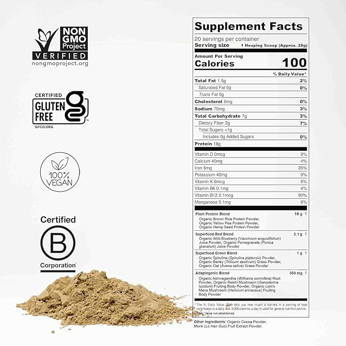 Plant Based Protein Powder w/Superfoods, Ashwagandha, Reishi, Lions Mane for Optimal Health | 18G of Organic Chocolate Vegan Protein, Gluten Free, Stevia Free, Sugar Free, 20 Servings
