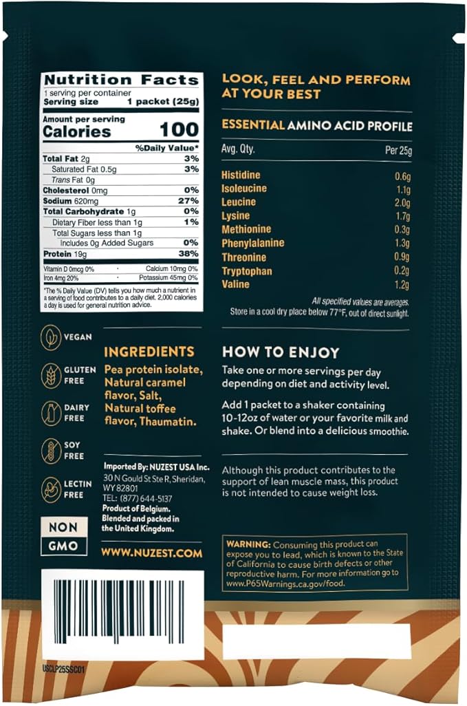Nuzest - Vegan Pea Protein Powder - Clean Lean Protein, Premium Plant Based Protein Powder, Dairy Free, Gluten Free, GMO Free Protein Shake (1 Serving (Pack of 1), Salted Caramel)