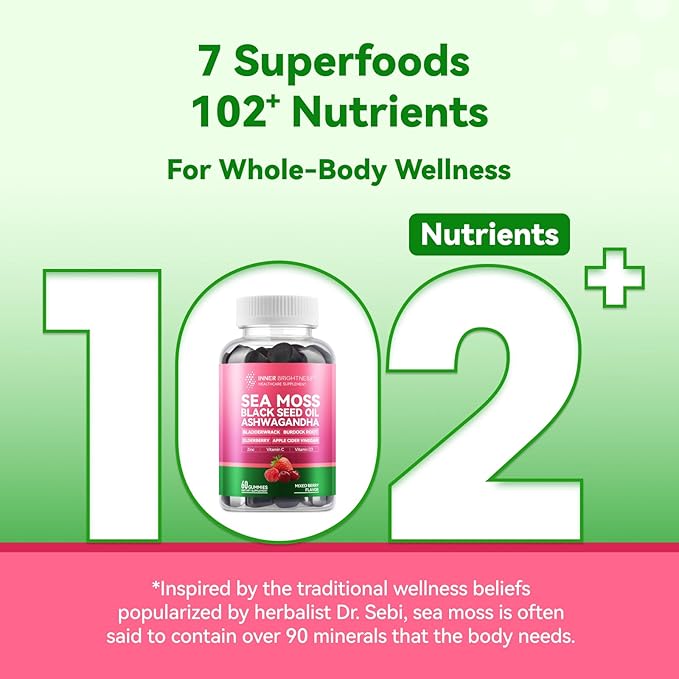 Irish Sea Moss Gummies with Ashwagandha, Elderberry, Apple Cider Vinegar, Bladderwrack, Burdock Root & Black Seed for Immune Support – Mixed Berry Flavor, 60 Count