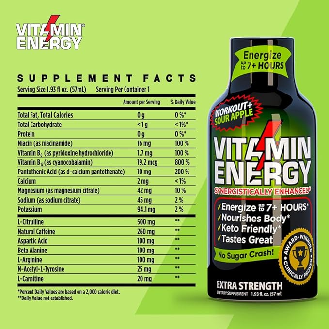 Vitamin Energy Workout+ Extra Strength Daily Energy Shot – Sour Apple – 260mg Natural Caffeine, B-Vitamins – Pre-Workout & Endurance Support – Zero Sugar, Vegan, Kosher – 1.93 fl oz, 48-Pack