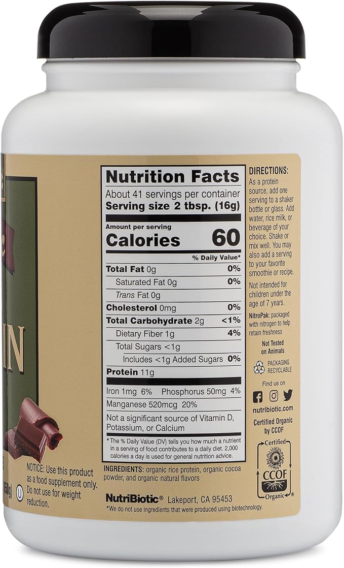 NutriBiotic Certified Organic Rice Protein Chocolate, 22.9 Oz | Low Carbohydrate Vegan Protein Powder | Raw, Certified Kosher & Keto Friendly | Made Without Chemicals, GMOs & Gluten | Easy to Digest