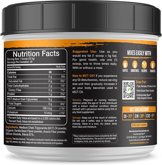Intentionally Bare MCT Oil Powder French Vanilla MCT Coffee Creamer - C8 MCT Oil Powder for Energy & Metabolism - No Grit Keto Energy Blend Excellent in Baking, Shakes & Creamer for Coffee - 40 Ser