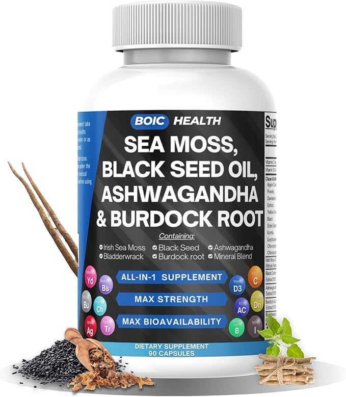 Sea Moss Capsules – Wildcrafted Irish Sea Moss with Black Seed Oil, Ashwagandha, Bladderwrack, Burdock Root, Turmeric & Elderberry – 15-in-1 Superfood Blend – 90 Capsules (Pack of 1)