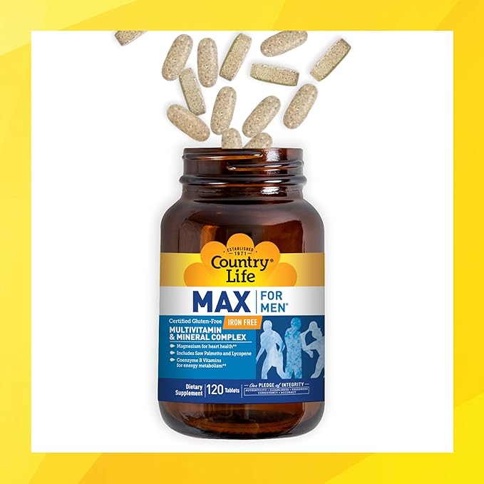 Country Life Max for Men Multivitamin: Iron-Free, Gluten Free, Saw Palmetto, Lycopene, Daily Support for Energy, Heart & Men's Health,120 Vegetarian Tablets