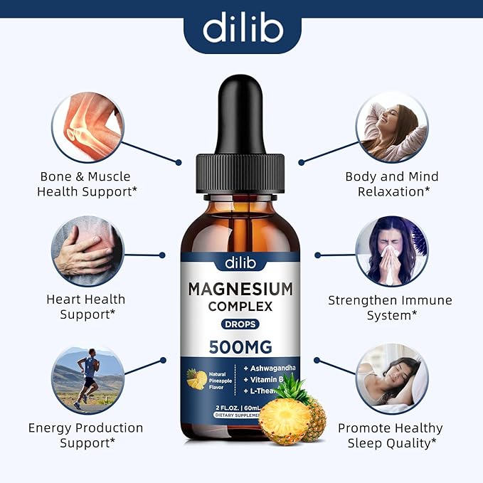 Magnesium Glycinate Liquid Drops 500mg - Triple Magnesium Complex Supplement with Citrate, Malate, Ashwagandha, L-Theanine, Vitamin B6 for Sleep, Stress Relief, Muscle, Pineapple Flavor 4 Fl Oz